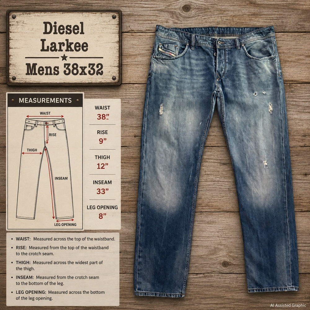 Diesel Larkee Mens 38x32 Blue Distressed Regular Straight Leg Jeans Medium Wash - Picture 9 of 12